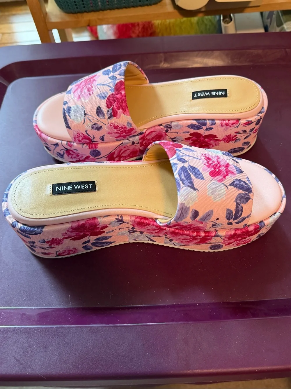 Nine West Pink Floral Platform Slide Sandals with Blue Accents